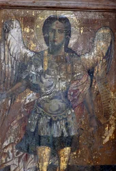 Ängel, fresk i den bysantinska kyrkan Sotiras Christos, Vlithias, Kreta, Grekland (foto)