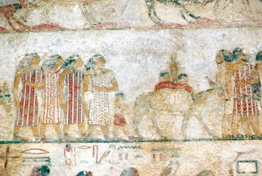 Beni-Hasans nekropol. Khnumhotep III:s grav. Detalj: väggmålning som föreställer en asiatisk karavan. Mittens rike.
