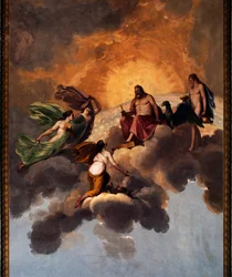 Kristus och änglar, fresk på taket vid ingången till sovrummet i den kungliga lägenheten, Ducal Palace, Lucca, Toscana, Italien