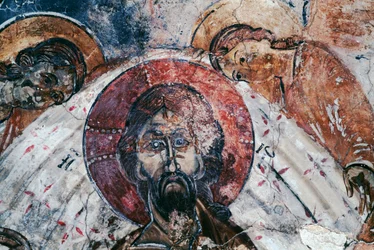 Kristus, fresk i den bysantinska kyrkan St George, Komitades, Kreta, Grekland (foto)