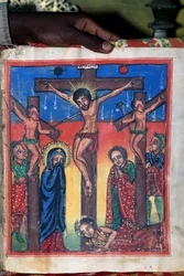 Korsfästelse, manuskript i museet för kyrkan St Mary of Sion (1600-talet), Aksum (Unescos världsarvslista
