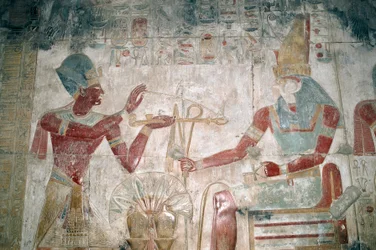 Egypten, Abydos, farao Seti I:s tempel, Osiris kapell. Detalj, målad relief, New Kingdom, Dynasti XIX