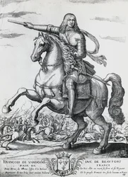 Ridsporträtt av Franciskus av Bourbon-Vendome (1616-1669), andre hertig av Beaufort och fransk general, gravyr av Nicolas de La Fage (1600?-1655)