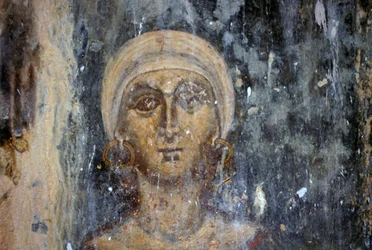 Kvinnofigur, fresco i den bysantinska kyrkan Agios Athanasios, Kefali, Kreta, Grekland (foto)