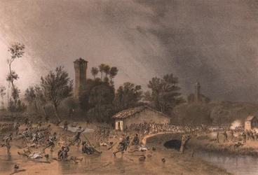 Första divisionen av Regina Brigade attackerar Montreoli Bridge, Palestro, Lombardiet