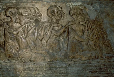 Utländska gäster som presenterar gåvor till drottning Nefertiti, basrelief från Merires grav, Necropolis of Tell el-Amarna, Egypten, egyptisk civilisation, New Kingdom, Dynasti XVIII