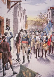 Den franske generalen Jean Sarrazin kysser den hängde irländska rebellen Patrick Walsh (färg litho)