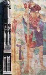 Fresk av St Christopher, södra yttre fasad, St Nicholas Parish Church, Merano, Bolzano, Trentino-Alto Adige, Italien