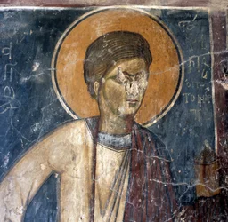Fresk av helgon i den bysantinska kyrkan Agios Georgios Xifoforos, Apodoulou, Kreta, Grekland (foto)
