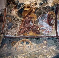 Fresk av helgon i den bysantinska kyrkan Agios Georgios Xifoforos, Apodoulou, Kreta, Grekland (foto)