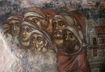 Fresk med grupp män, bysantinska kyrkan Ayios Stephanos, Drakona, Kreta, Grekland (foto)