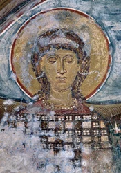 Fresk med helgon i den bysantinska kyrkan Agios Georgios, Vathi, Kreta, Grekland (foto)
