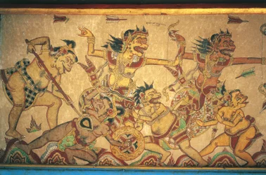 Fresker som visar scener av strider mellan gudar och demoner, Kertha Gosa paviljong, Klungkung Palace (Puri Agung Semarapura), Semarapura, Bali, Indonesien