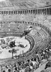 Invigningen av den flaviska amfiteatern, känd som Colosseum, i Rom år 80 e.Kr., med publiken som ser djurstrider, illustration ur Roms historia av Francesco Bertolini (1836-1909), Treves, Milano