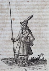 Invånare i Kanada (Frankrike Canadienne) med snöskor, illustration från Description de la Nouvelle France