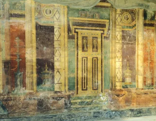 Italien, Kampanien, Oplonti, det arkeologiska området Torre Annunziata, Roman Villa Poppaea, Stora salen, Fresk med kolonner i andra pompeianska stilen