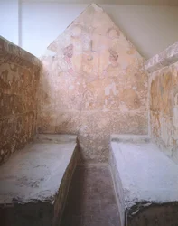 Italien, Kampanien, Paestum, Avskedsscen, målad platta av grav 1 av Necropolis i Spinazzo, 400-talet f.Kr.