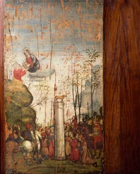 Italien, Milano, Maria den nådiga kyrkan, Gamla sakristian, Moses på Sinai och den gyllene kalven, målad träskiva