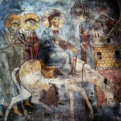 Jesus går in i Jerusalem på åsnan, fresker inne i klostret Panagia Antifonitria, Myriokefala, Kreta, Grekland (foto)