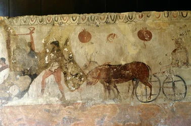 Resa till underjorden, fresk från Necropolis i Andriuolo-Laghetto i Paestum, Kampanien, Italien, antikens grekiska civilisation, Magna Graecia, 300-talet f.Kr. (foto)