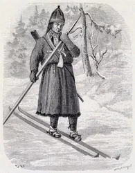 Lars Tuorda, lappisk idrottare som vann längdskidtävlingen organiserad 1884 av Adolf Erick Nordenskjold, indisk bläckteckning