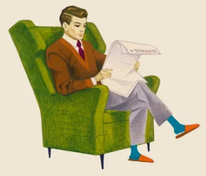 Man läser tidningen medan han sitter i fåtölj och ritar