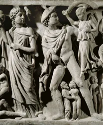 Marmorsarkofag, Relief som visar Prometheus-myten, Detalj, Hermes och en av Parcae eller öden, Från Arles
