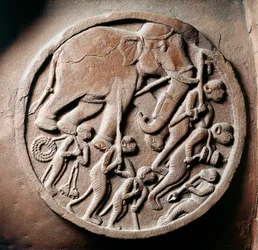 Medaljong med apor och elefanter, relief från Stupa av Bharhut, buddhistiskt monument, Madhya Pradesh, Indien, indiska civilisationen, 2:a århundradet f.Kr.