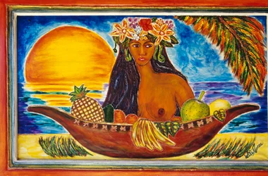Målat glas som avbildar en polynesisk kvinna, ön Moorea, Sällskapsöarna, Franska Polynesien, den Franska republikens utomeuropeiska territorium, detalj