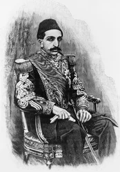 Porträtt av Abdul Hamid II (1842-1918), 34:e sultanen av det osmanska riket från 1876 till 1909, gravyr efter fotografi