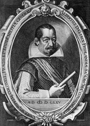 Porträtt av Albrecht Wenzel Eusebius von Waldstein (1583-1634), böhmisk militärledare och politiker, han erbjöd sina tjänster under trettioåriga kriget till kejsar Ferdinand II, gravyr av Peter Isselburg (cirka 1580-cirka 1631)