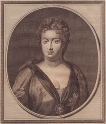Porträtt av Anne Stuart, drottning av Storbritannien (1665-1714), kopparstick av John Goldar (1729-1795) från målning av G Kneller