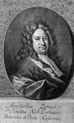 Porträtt av Apostolo Zeno (cirka 1668-1750), italiensk poet, librettist, journalist och bokstäver, gravyr