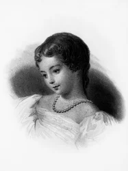 Porträtt av Augusta Ada Byron, grevinnan av Lovelace (1815-1852), engelsk matematiker och författare, hon betraktas som första datorprogrammerare, gravyr