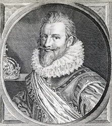 Porträtt av Christian IV (1588-1648), kung av Danmark och Norge, gravyr