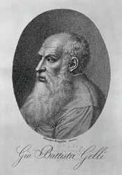 Porträtt av Giovan Battista Gelli (1498-1563), italiensk filosof, författare och forskare, gravyr av Giuseppe Benaglia (ca 1796-ca 1830)