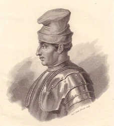 Porträtt av den italienske militäre ledaren Niccolò Fortebraccio, även känd som della Stella (1389-1435), kopparstick av Caterina Piotti-Pirola