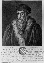Porträtt av Luigi Alamanni (1495-1556), italiensk poet, gravyr av Francesco Allegrini (1729-efter 1773) efter teckning av Giuseppe Zocchi (född 1711 eller 1717, död 1767)