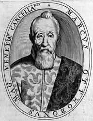 Porträtt av Marco Ottoboni (1554-1649), Venedigs storkansler, gravyr