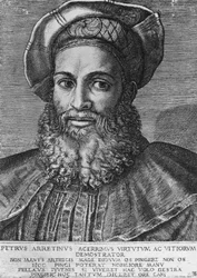 Porträtt av Pietro Aretino (1492-1556), italiensk poet, författare och dramatiker, gravyr av Marcantonio Raimondi (född ca 1470-1482, död 1527-1534), 22 3x15 4 cm