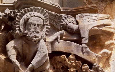 Spanien, Navarra, Ujue, Santa Maria-kyrkan, arkitektonisk detalj