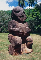 Tiki, marae (tempel) Arahurahu, skulptur, Tahiti, Society Islands, Archipelago of Windward Islands, Franska Polynesien (franska republikens utomeuropeiska territorium)