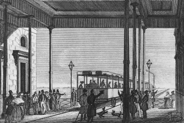 Tåg som lämnar Venezia Santa Lucia järnvägsstation, Venedig, Italien, gravyr