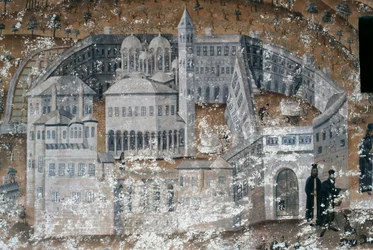 Vy över kloster, fresk i Ikosifinissis kloster, nära Serres, Grekland