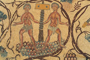 Vinskruvpress, detalj av golvmosaik med scener från det dagliga livet, Church of Saints Lot och Procopius, Nebo, Khirbet al-Mukhayyat, Jordanien, bysantinsk civilisation, 600-talet e.Kr.