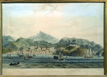 En vy över staden St. George och Richmond Heights på ön Grenada, graverad av William Daniell 1769-1837, gravyr c.1810