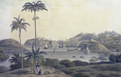 En utsikt över staden St. George på ön Grenada, tagen från Belmont Estate, graverad av William Daniell (1769-1837), ca 1810