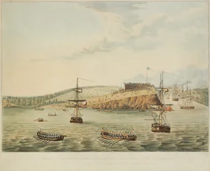 Attack på Fort Oswego, Lake Ontario, Nordamerika. 6 maj 1814, middagstid, och stormande Fort Oswego av andra bataljonen Royal Marines och en grupp sjömän, 15 m över tolv vid middagstid, graverad av R. Havell, 1815