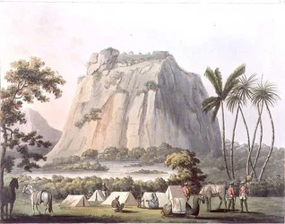 North View of Shole Ghurry, skylt 32 från "Picturesque Scenery in the Kingdom of Mysore", graverad av Harradon, pub. av Edward Orme (1774-c.1820) 1805 (akvatint)