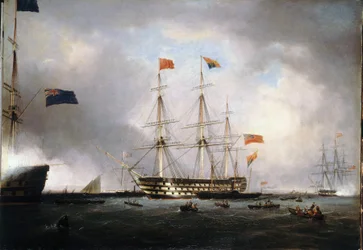 Drottning Victoria 1:a av Förenade kungariket (Storbritannien) (1819-1901) besöker HMS "Queen" i Portsmouth (England) den 1 mars